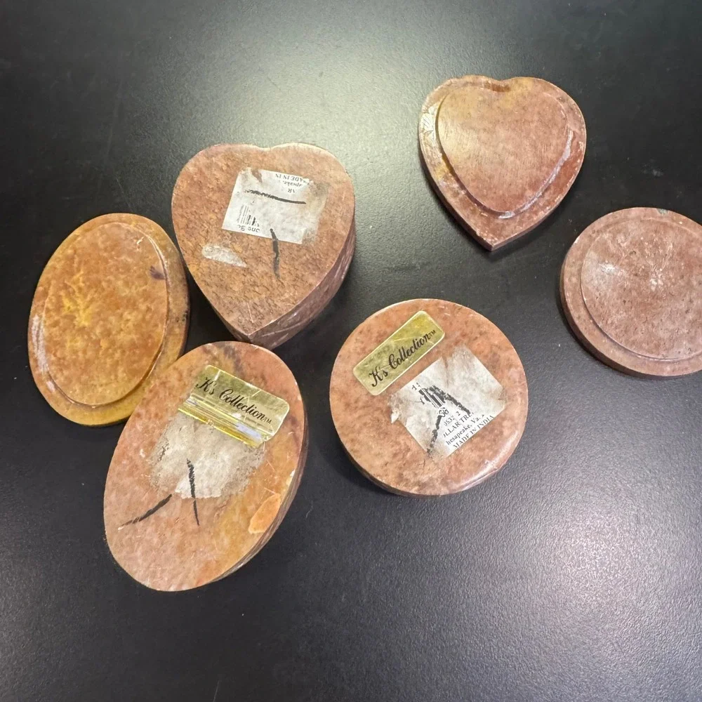 K's Collection Soapstone Trinket Boxes Set of 3 Brown Hand Carved Floral India